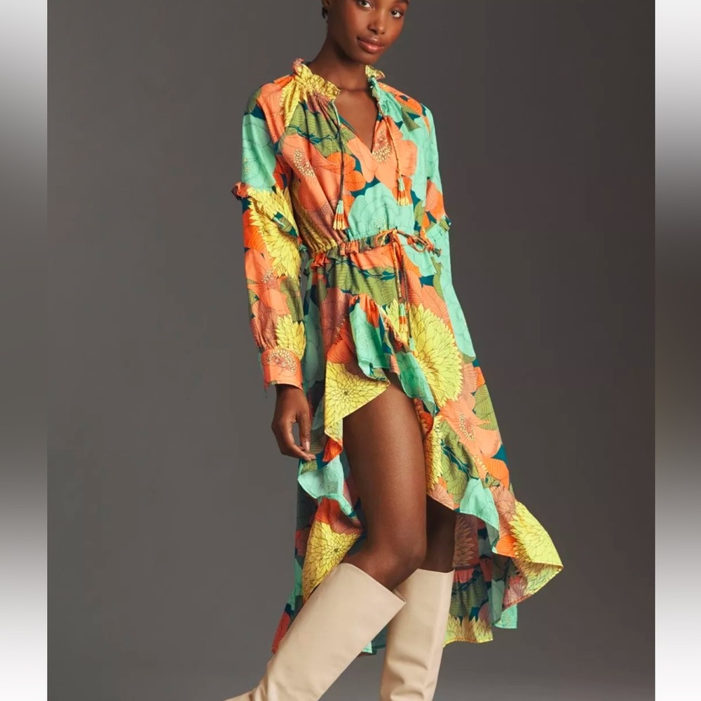 Farm Rio Long Sleeve Midi Dress Green Floral NWT